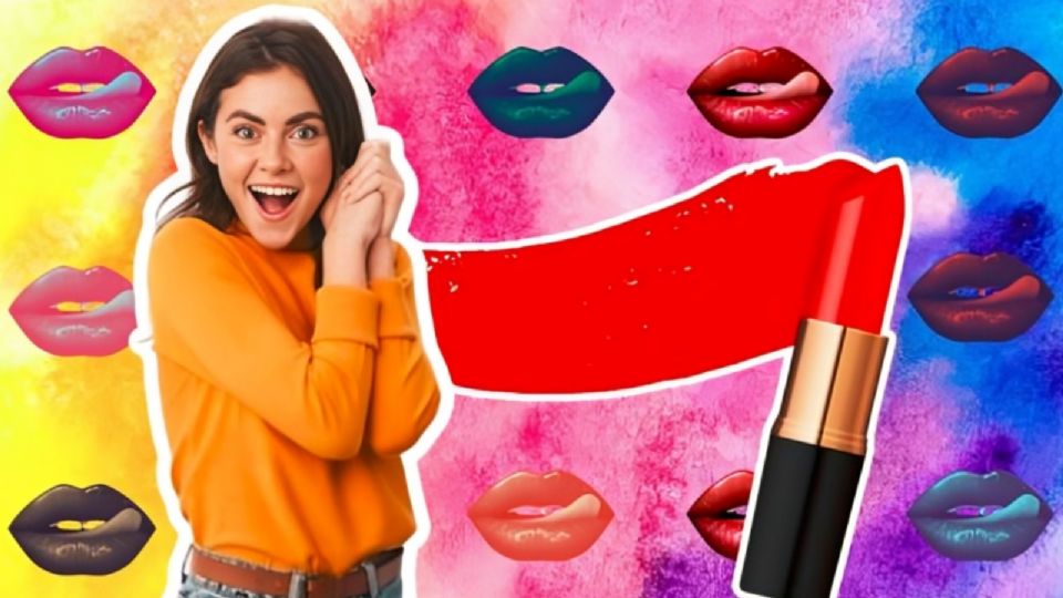 Mujer emocionada junto a labial de color rojo